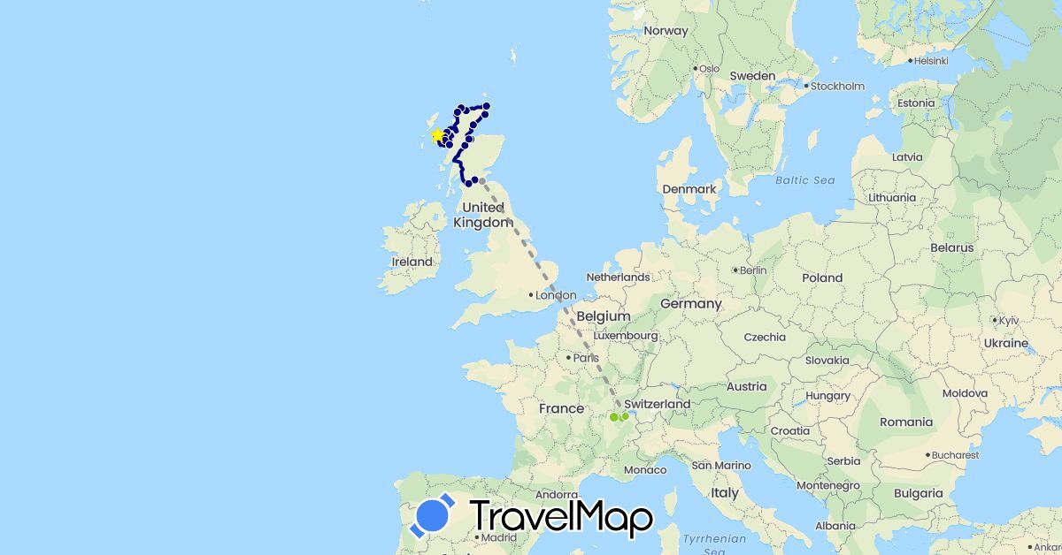 TravelMap itinerary: driving, plane, electric vehicle, voiture location in Switzerland, France, United Kingdom (Europe)